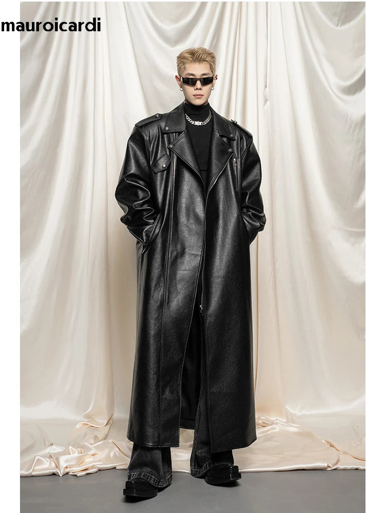 Noir Oversized Leather Trench – Extra Long European Luxury Coat for Men