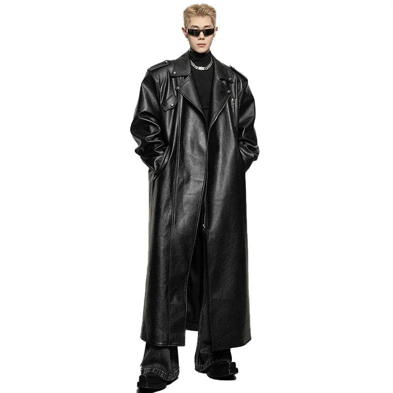 Noir Oversized Leather Trench – Extra Long European Luxury Coat for Men