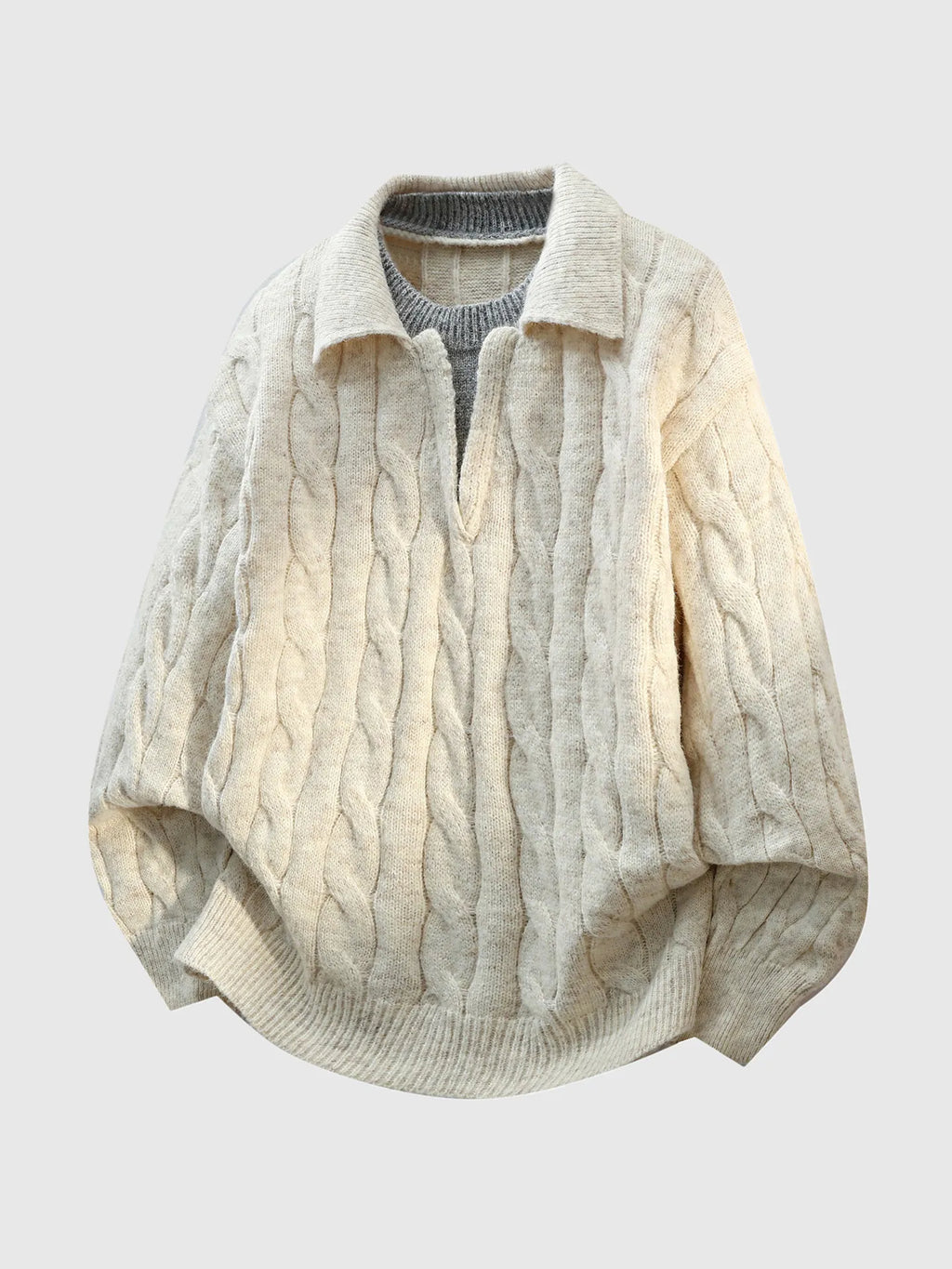 DUKEEN Men's Heavyweight Cable Knit Sweater Faux Layered V-Neck Collared Pullover Winter Warm Vintage Style