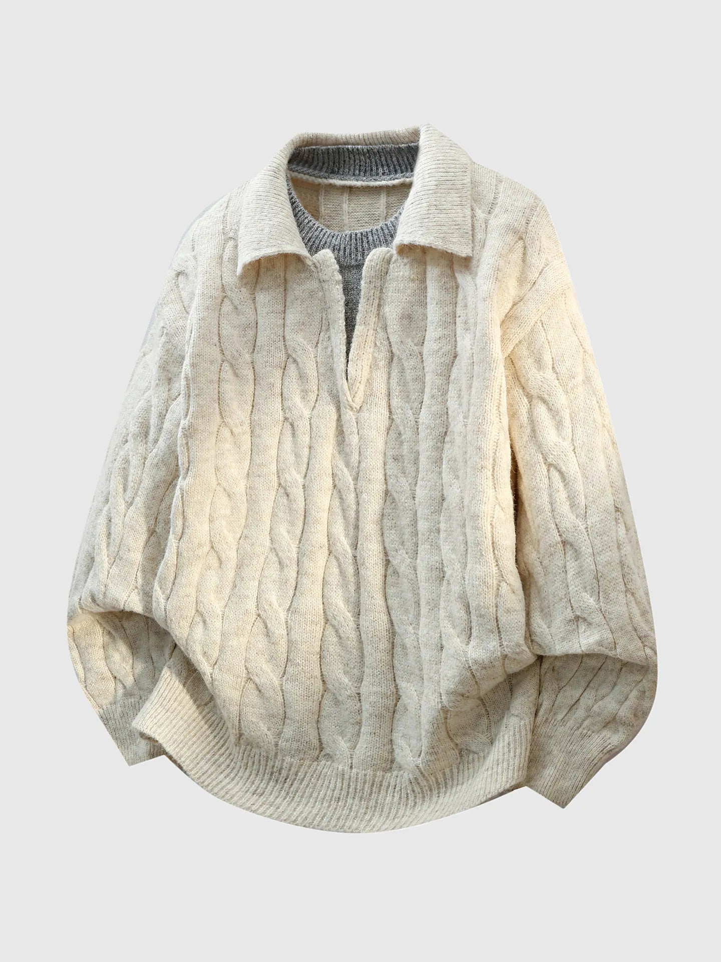 DUKEEN Men's Heavyweight Cable Knit Sweater Faux Layered V-Neck Collared Pullover Winter Warm Vintage Style