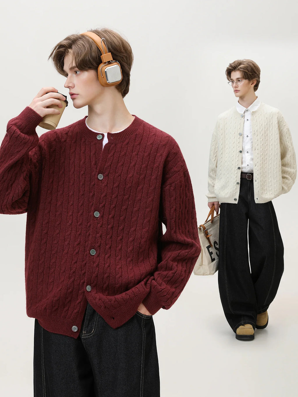 Men's Cable Knit Cardigan Retro Streetwear Basic Versatile Round Neck Pullover Fall Winter Non-Itch Top