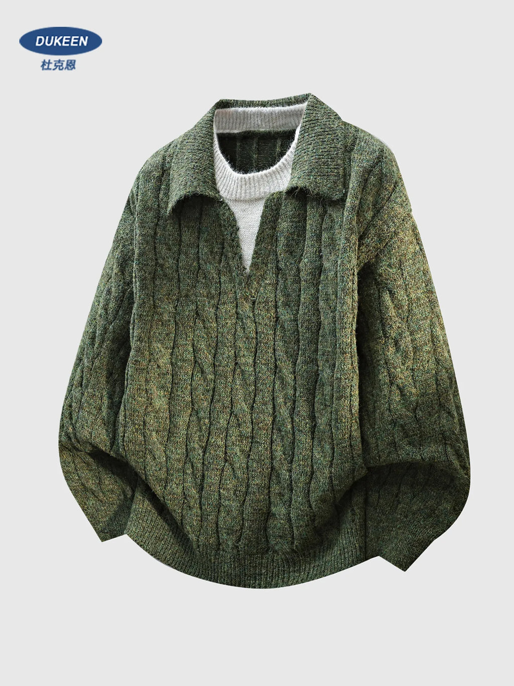 DUKEEN Men's Heavyweight Cable Knit Sweater Faux Layered V-Neck Collared Pullover Winter Warm Vintage Style
