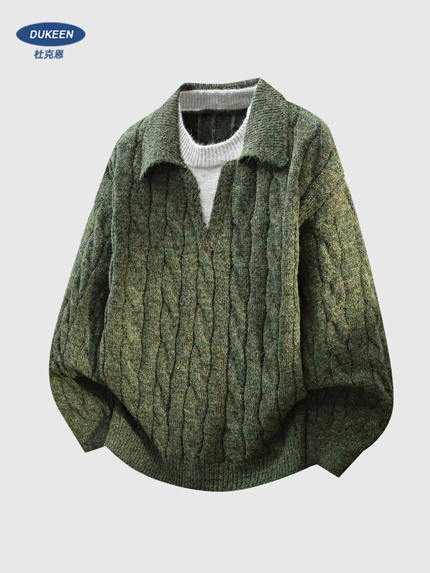 DUKEEN Men's Heavyweight Cable Knit Sweater Faux Layered V-Neck Collared Pullover Winter Warm Vintage Style