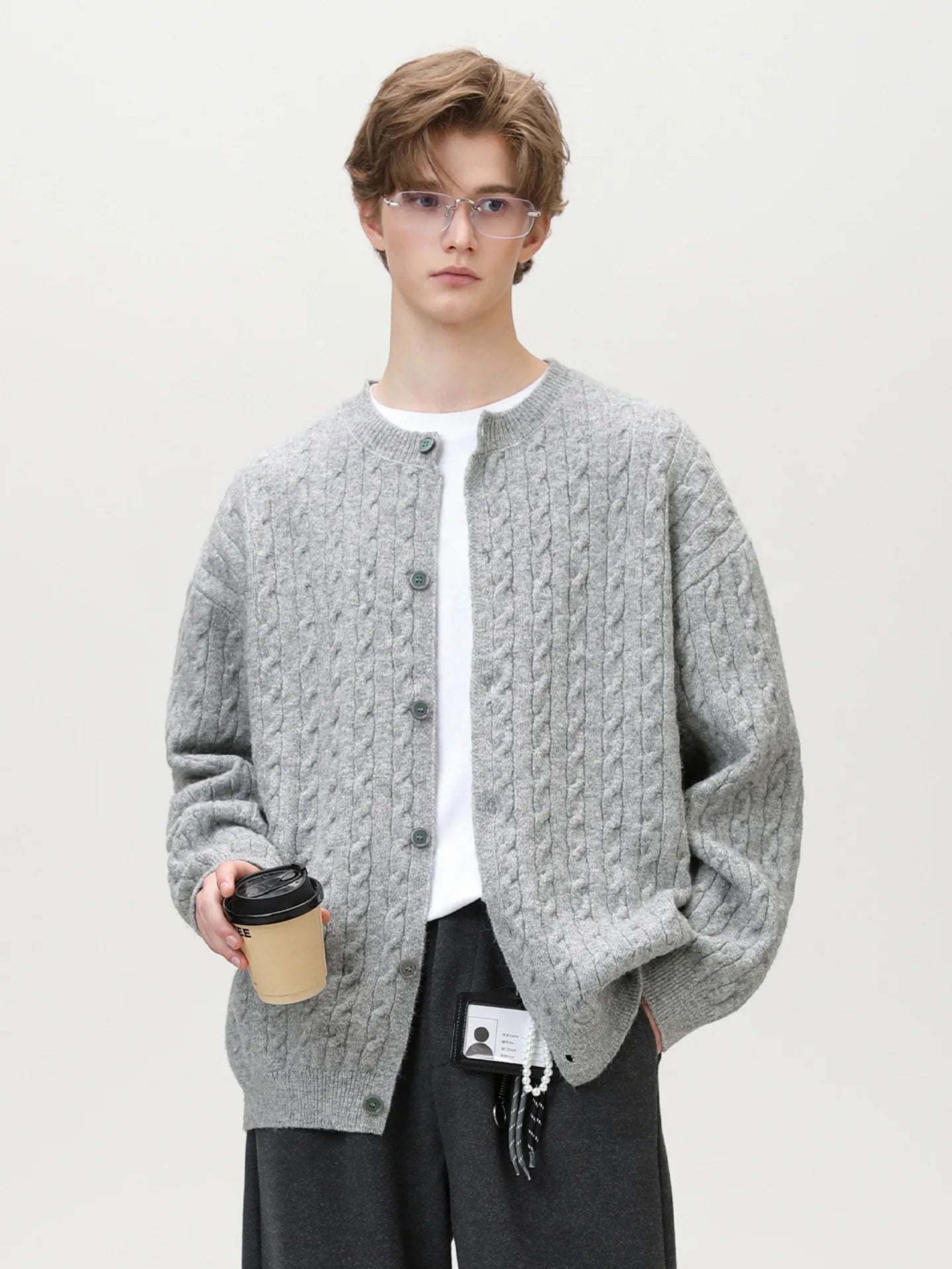 Men's Cable Knit Cardigan Retro Streetwear Basic Versatile Round Neck Pullover Fall Winter Non-Itch Top