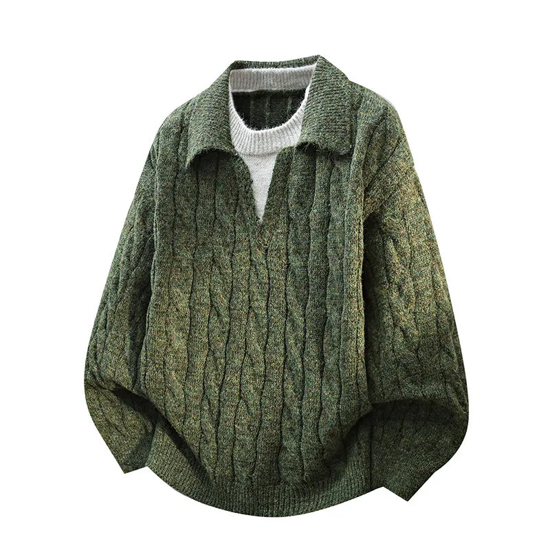 DUKEEN Men's Heavyweight Cable Knit Sweater Faux Layered V-Neck Collared Pullover Winter Warm Vintage Style