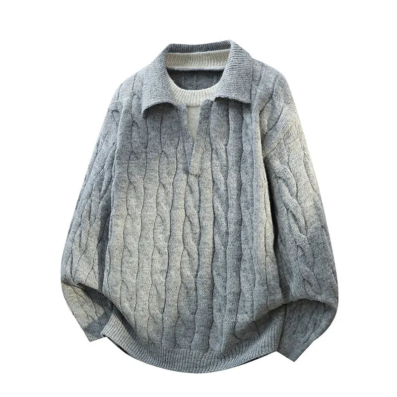 DUKEEN Men's Heavyweight Cable Knit Sweater Faux Layered V-Neck Collared Pullover Winter Warm Vintage Style