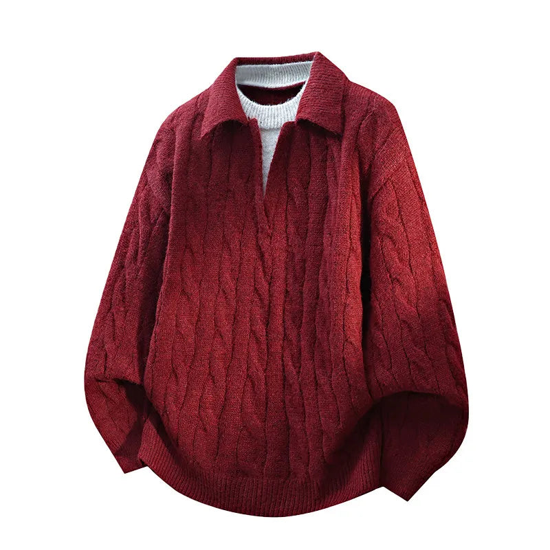 DUKEEN Men's Heavyweight Cable Knit Sweater Faux Layered V-Neck Collared Pullover Winter Warm Vintage Style