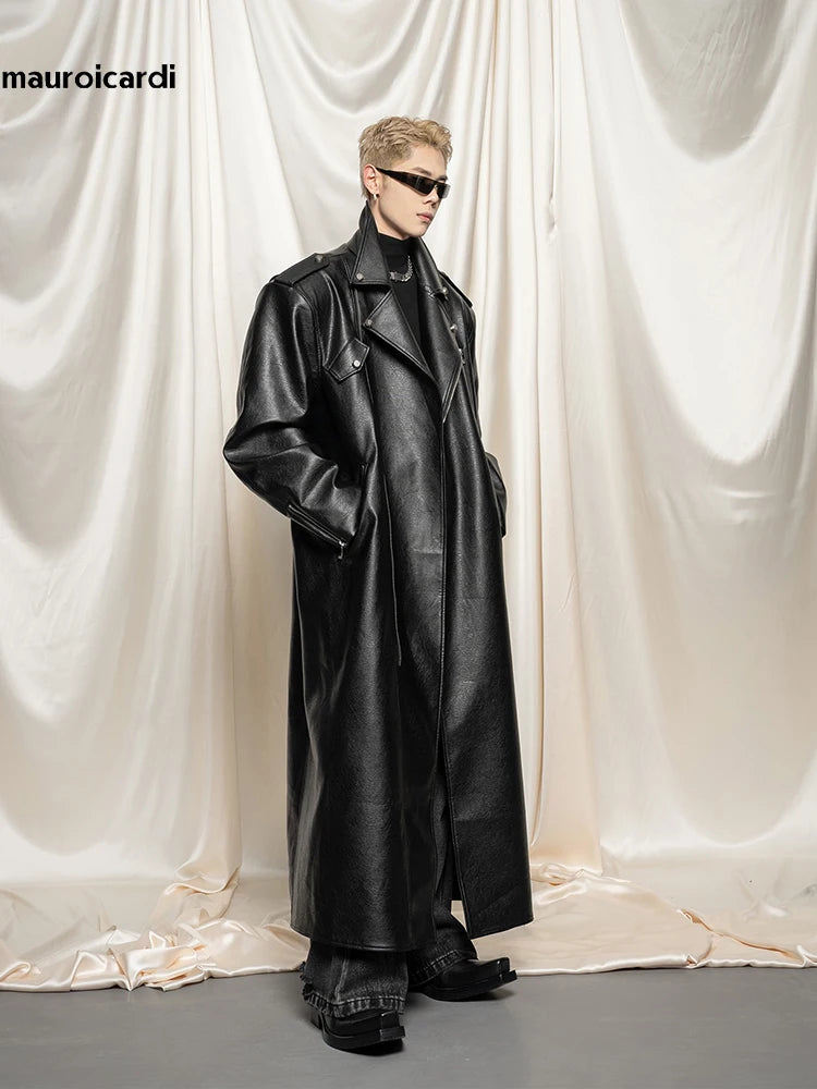 Noir Oversized Leather Trench – Extra Long European Luxury Coat for Men