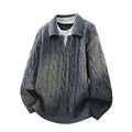 DUKEEN Men's Heavyweight Cable Knit Sweater Faux Layered V-Neck Collared Pullover Winter Warm Vintage Style