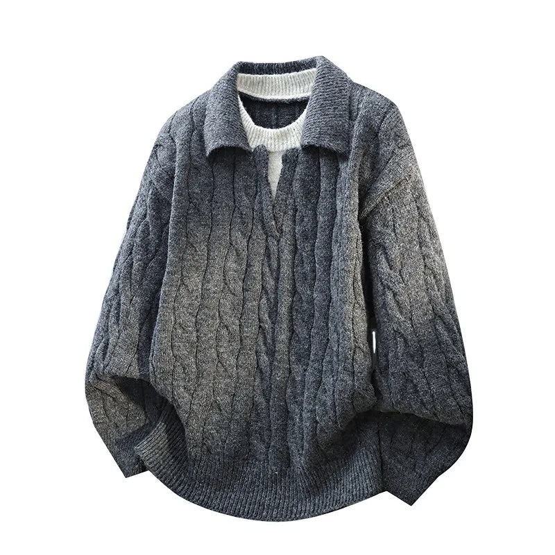 DUKEEN Men's Heavyweight Cable Knit Sweater Faux Layered V-Neck Collared Pullover Winter Warm Vintage Style