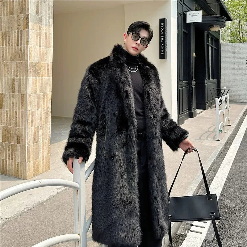 Black Faux Fur Long Coat – Luxury Winter Overcoat for Men | Premium Warmth & Timeless Elegance