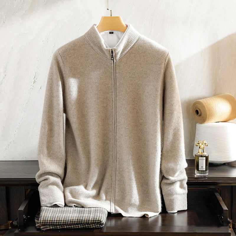 100% pure cashmere sweater for men's half turtleneck zipper cardigan pull strip medium thick knitted sweater warm
