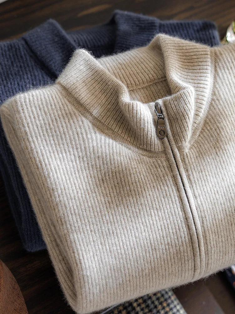 100% pure cashmere sweater for men's half turtleneck zipper cardigan pull strip medium thick knitted sweater warm