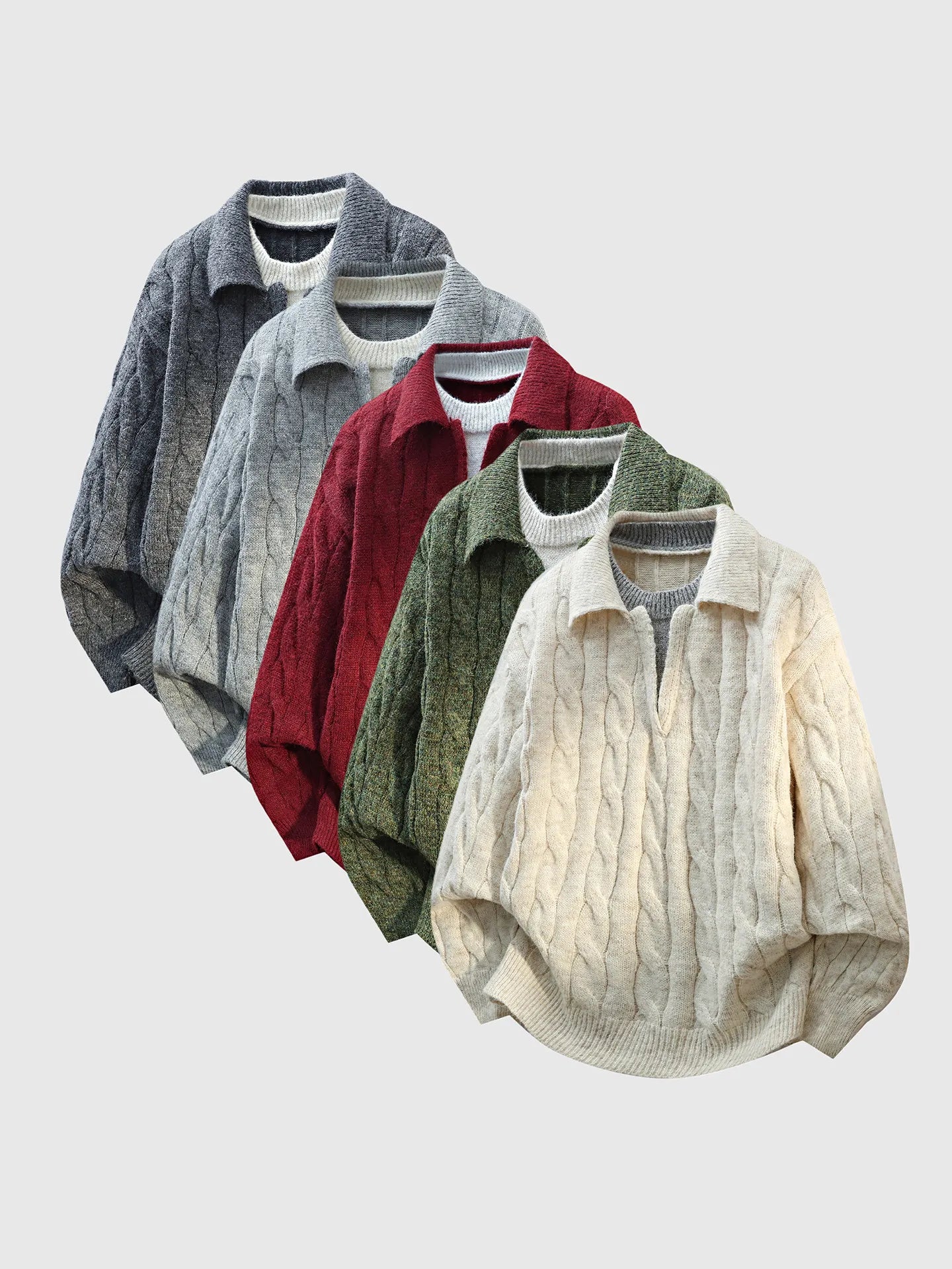 DUKEEN Men's Heavyweight Cable Knit Sweater Faux Layered V-Neck Collared Pullover Winter Warm Vintage Style