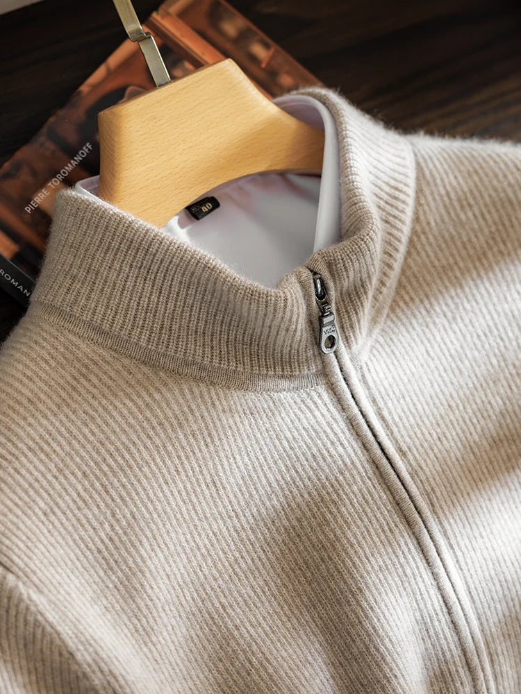 100% pure cashmere sweater for men's half turtleneck zipper cardigan pull strip medium thick knitted sweater warm