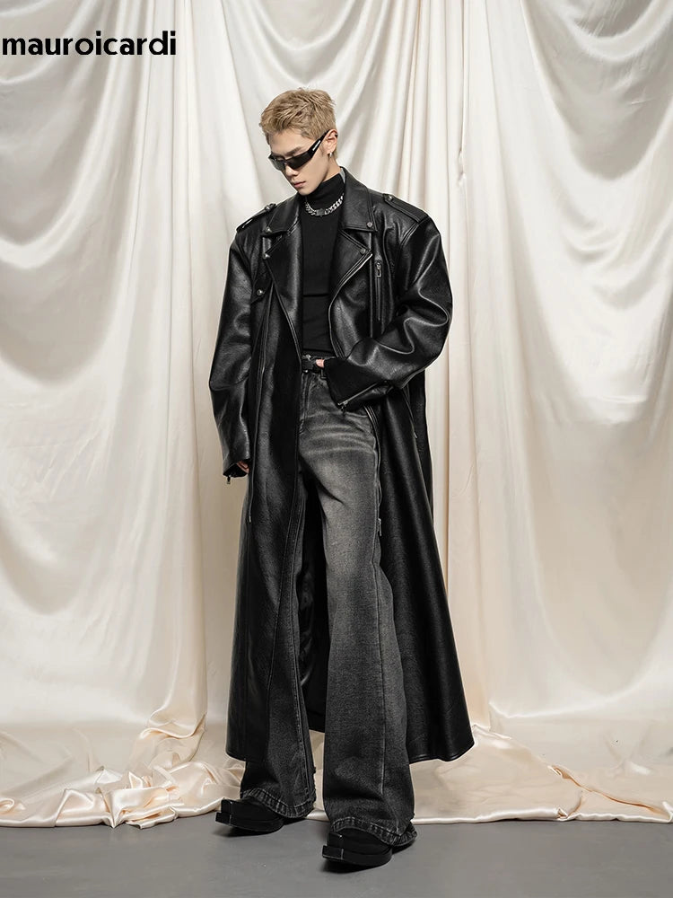 Noir Oversized Leather Trench – Extra Long European Luxury Coat for Men