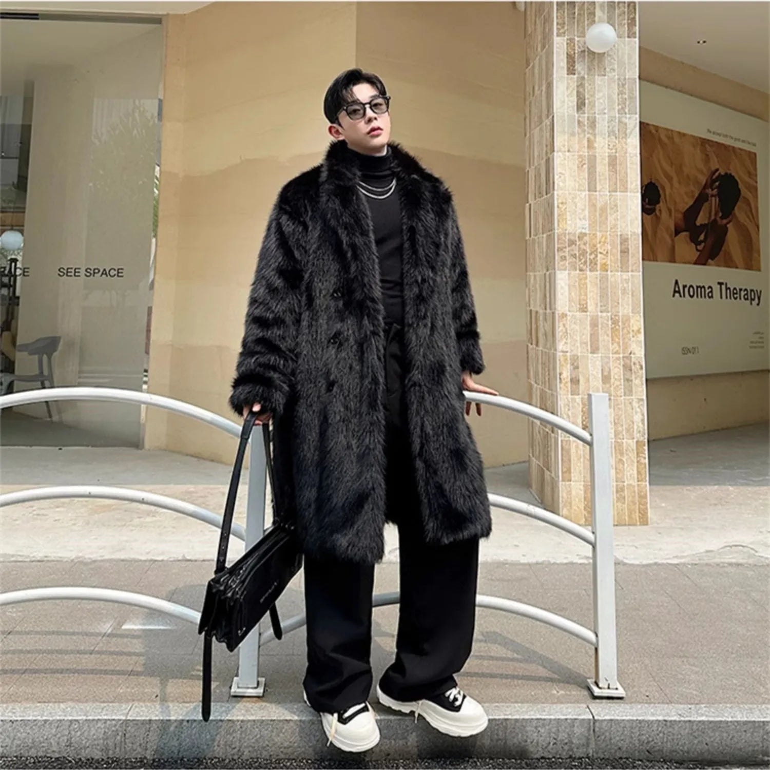 Black Faux Fur Long Coat – Luxury Winter Overcoat for Men | Premium Warmth & Timeless Elegance