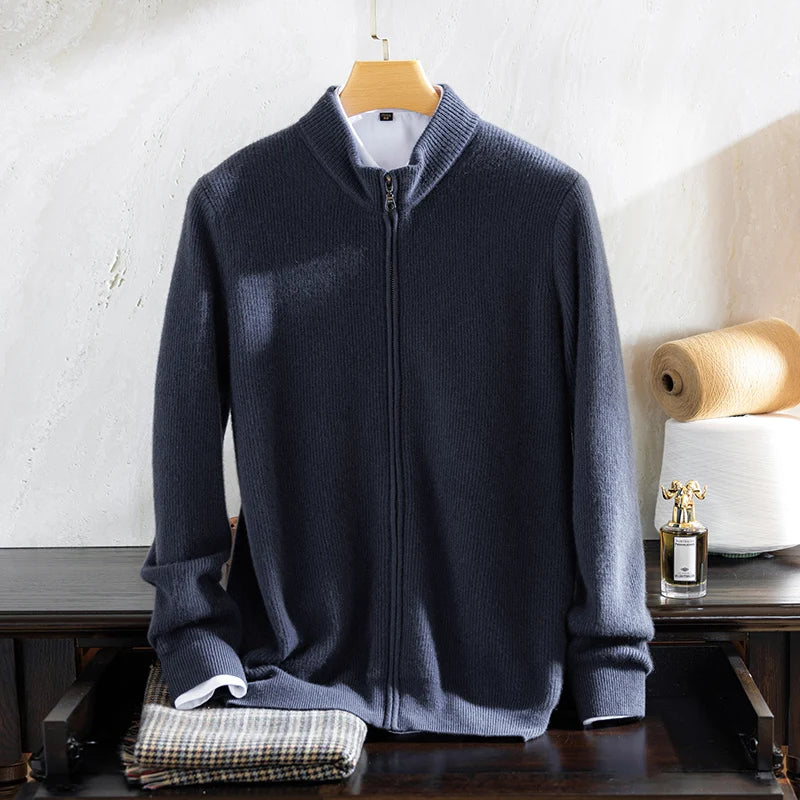 100% pure cashmere sweater for men's half turtleneck zipper cardigan pull strip medium thick knitted sweater warm