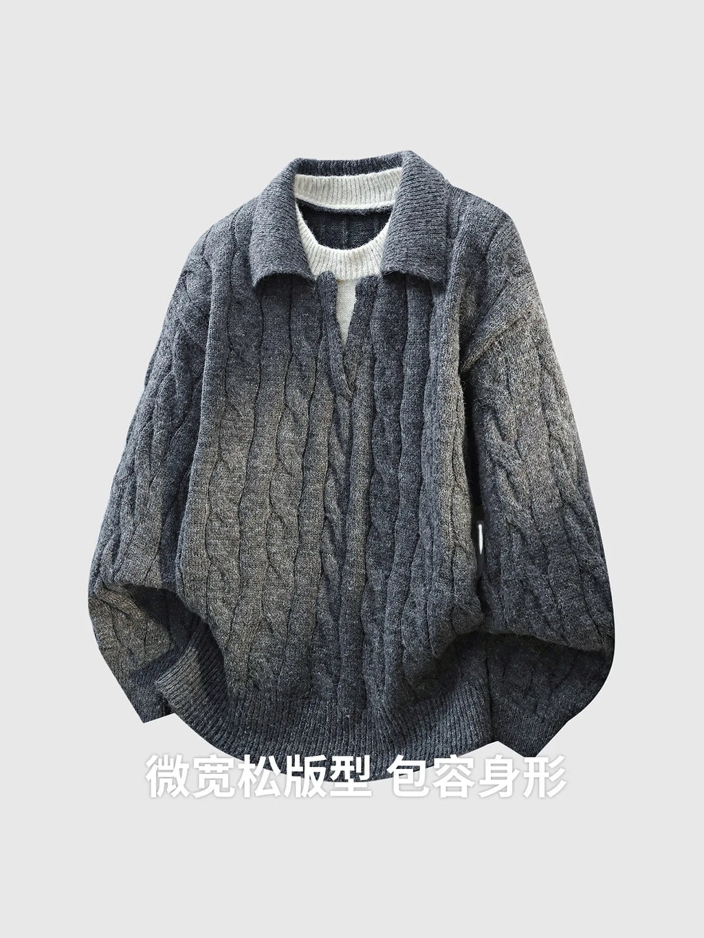 DUKEEN Men's Heavyweight Cable Knit Sweater Faux Layered V-Neck Collared Pullover Winter Warm Vintage Style
