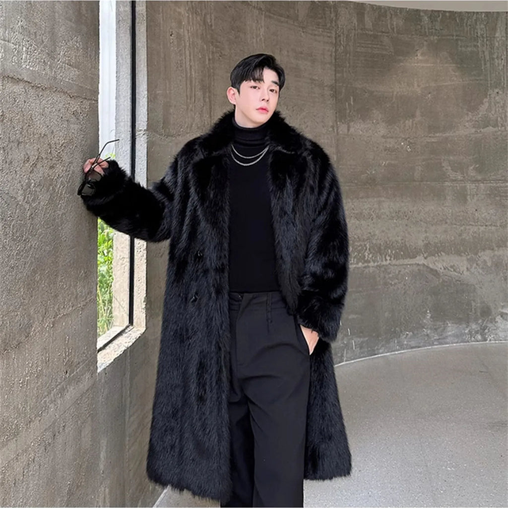 Black Faux Fur Long Coat – Luxury Winter Overcoat for Men | Premium Warmth & Timeless Elegance