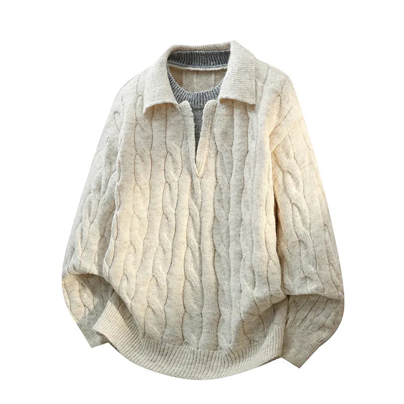 DUKEEN Men's Heavyweight Cable Knit Sweater Faux Layered V-Neck Collared Pullover Winter Warm Vintage Style