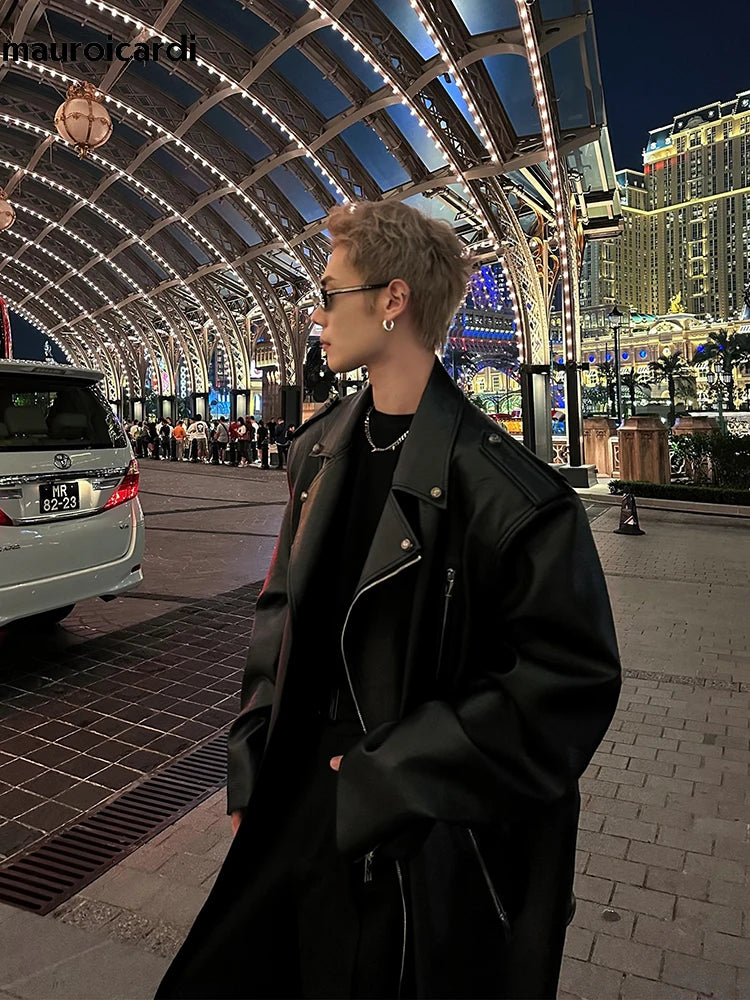 Noir Oversized Leather Trench – Extra Long European Luxury Coat for Men