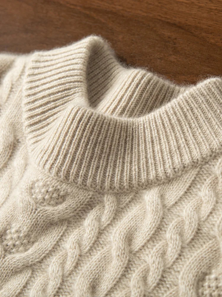 100% pure cashmere sweater men's thickened warm half turtle neck twisted flower sweater fashionable business casual base shirt