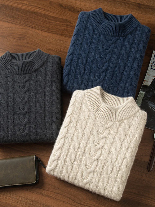 100% pure cashmere sweater men's thickened warm half turtle neck twisted flower sweater fashionable business casual base shirt