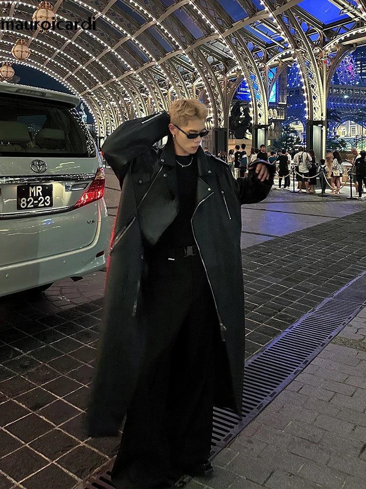 Noir Oversized Leather Trench – Extra Long European Luxury Coat for Men