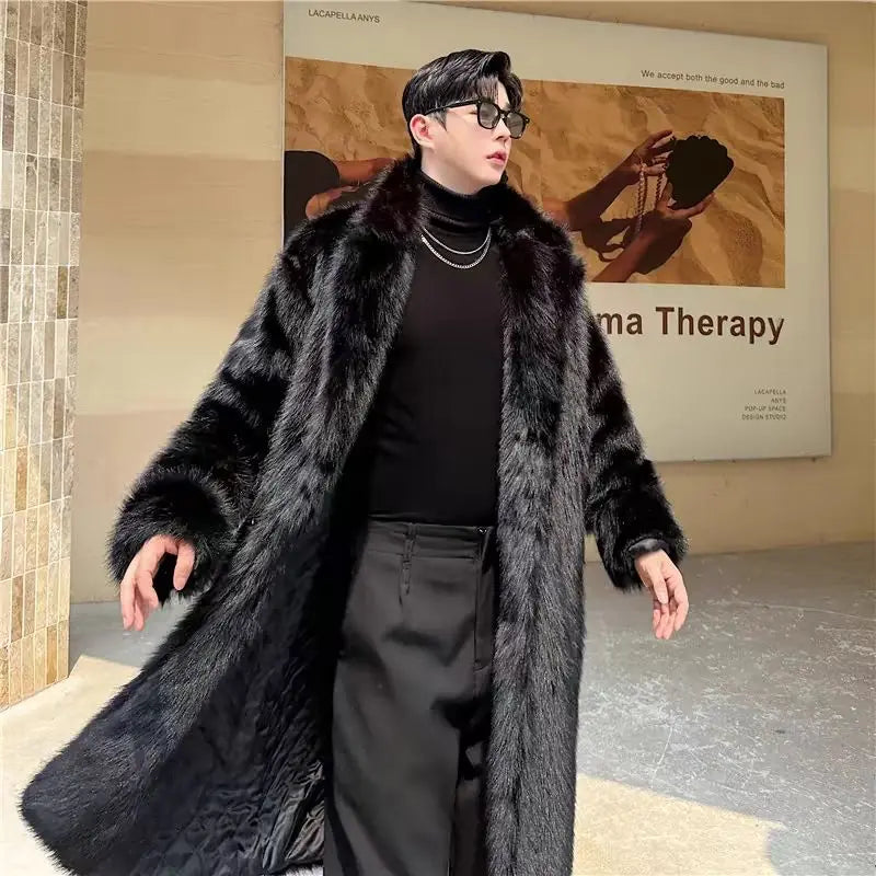 Black Faux Fur Long Coat – Luxury Winter Overcoat for Men | Premium Warmth & Timeless Elegance