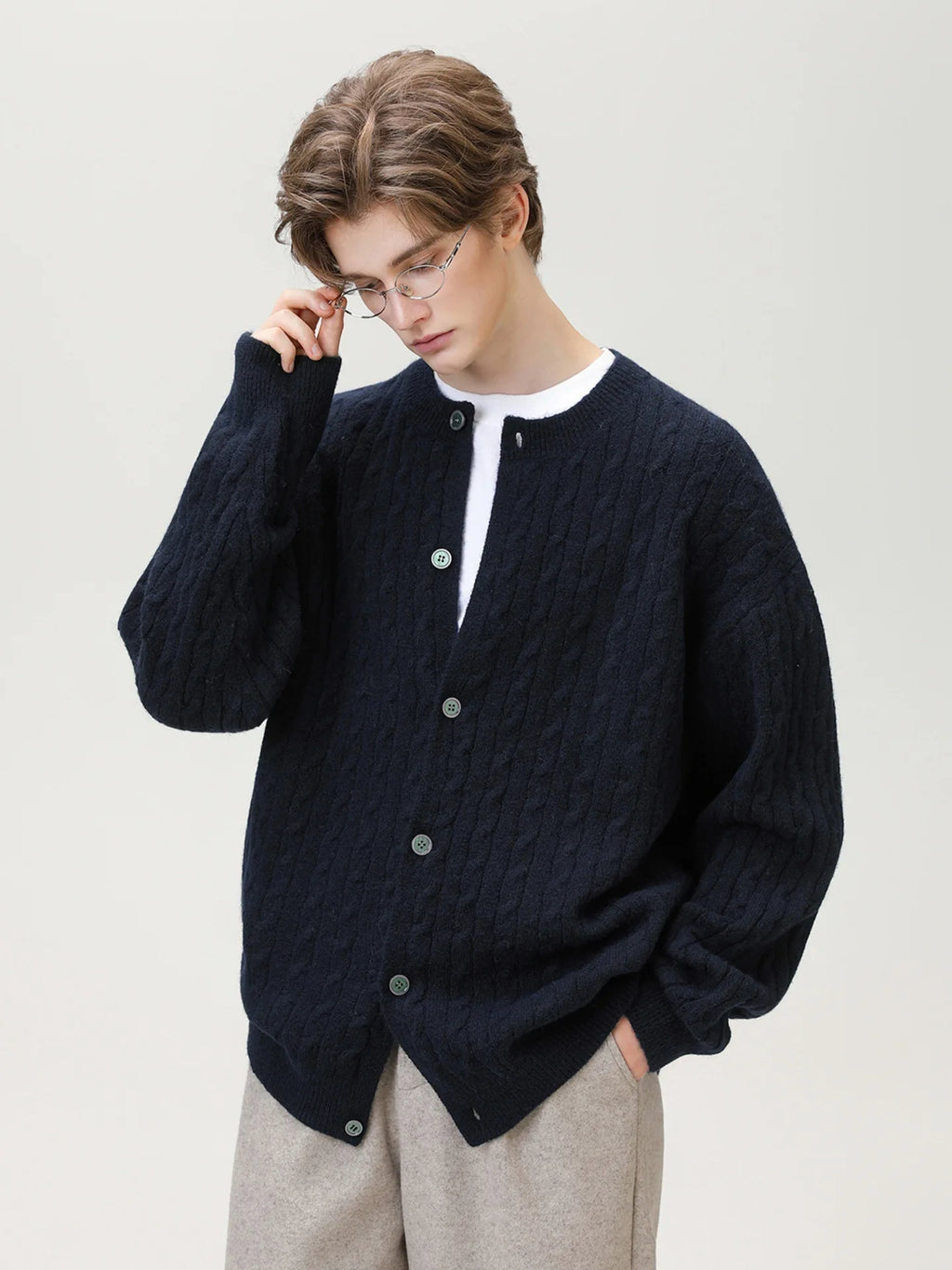 Men's Cable Knit Cardigan Retro Streetwear Basic Versatile Round Neck Pullover Fall Winter Non-Itch Top