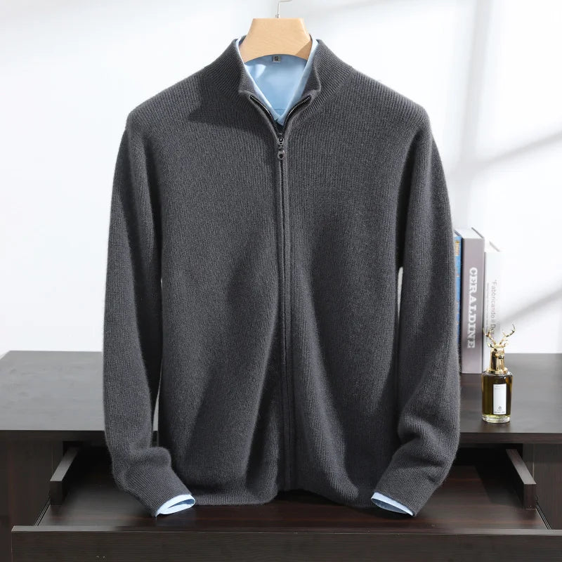 100% pure cashmere sweater for men's half turtleneck zipper cardigan pull strip medium thick knitted sweater warm